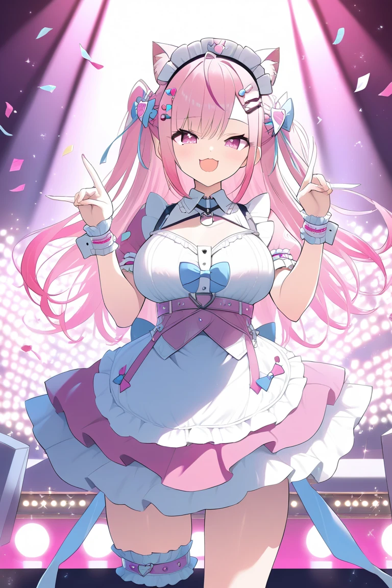  1 girl ,Alone,Sakuna,Pink Eye,  beautiful eyes ,:3,Mesugaki,Leather Fang,Pink Hair,cat ears, long hair, two sides , Big Breasts , hair ornament, wrist cuffs,Sakuna, maid headdress, happy , Cute beautiful girl idol,slender,  open her mouth ,profile, Intricately detailed idol costume, Intricately detailed white and pink ruffled short dress,  white knee-high socks, Ruffle bangle, Ruffle arm ring,  scarf, Gloves, Pink headset and pink microphone, On stage in a concert hall , Luxurious staging, Tons of glittering confetti falling,   Professional Writing  ,  High Contrast ,  high saturation, Anatomically correct hands and fingers,(  Masterpiece , best quality, Very Aesthetic , super detailed)