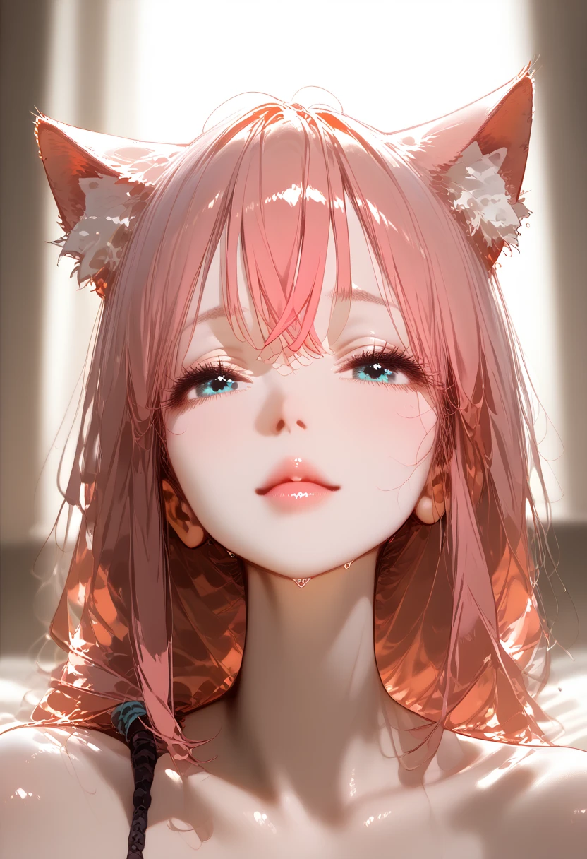 ((masterpiece,highest quality)),One girl,Beautiful fine details, detailedな顔, (whole body:1.2), 1 girl, solo,      
                                                                                   "A cat girl with pink hair styled in soft, messy waves, wearing a black collar around her neck with a leash attached. She has bright blue eyes and pink cat ears adorned with small accessories. Her pose is playful and slightly submissive, as she kneels on a soft surface, leaning forward with a coy expression. One of her hands is raised near her mouth, as if playfully biting her finger, while her other hand rests gently beside her, with the leash extending out from her collar. Her arms are adorned with ruffled wristbands, adding a cute, delicate detail to her outfit. The background is a cozy, dimly lit indoor space with soft glowing lights, a warm, inviting atmosphere created by the soft lighting and slight bokeh effect in the background. The image captures the gentle, teasing mood, with the focus on her pose, accessories, and the overall tender ambiance of the scene."