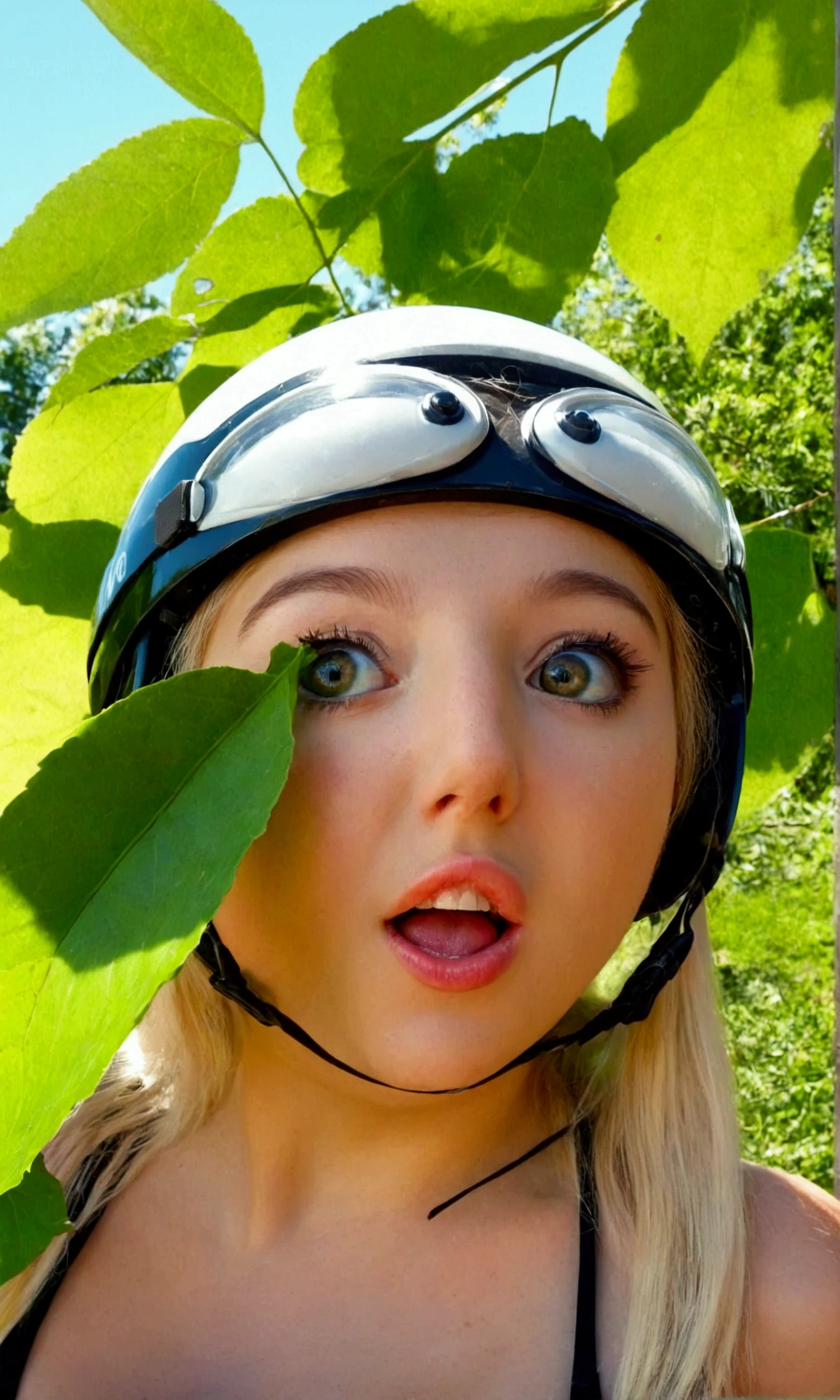 Masterpiece, high quality, 8k, ultra detailed, sharp focus, (Pretty, cute innocent white 12 year old), long messy blonde hair, blue eyes, (cycling), cycling helmet, (huge round breasts), (pink nipples), posing inside a pond, outdoors, water to knee high, shadows, smiling, happy, sweating, hot day, deep forest,