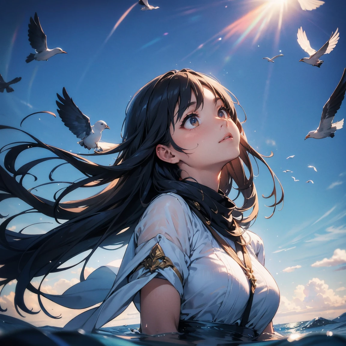  beautiful girl looking up at the sky,  beautiful birds are flying through the air , Bird shadows are reflected in the sky ,  Cinematic Composition,  dreamy atmosphere drifting on the surface of the water,  high definition,  surrenders, 8k,  photorealistic ,   Masterpiece ,  vibrant colors,  DRAMATIC WRITING , Volumetric Light, Cinematic Depth of Field,  seamless blend of elements ,  Amazing Beauty , Mysterious, captivating, Amazing