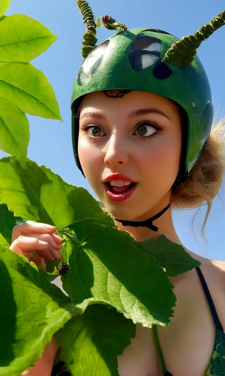 A cute caterpillar ( cute woman, amazing tits and ass, bug bikini, age 20, bug eye helmet, has a mouth full of leaf and is adorably looking to the sky in panic, she is in a bird silhouette on a leaf she is eating, sunny day, show all of her, gyno cam
