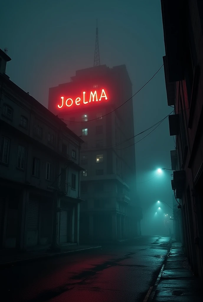 ''A foggy, serie nighttime view of the historic "Joelma Building" its neon sign glowing faintly amidst the darkness, with an unsettling vibe emanating from the building. flames starts in 3rt floor.  the biggest urban disaster in Brazil is about to happen .  We are looking at the beginning of Incência , let's say 5 minutes after the start of this room and the effect of spreading rapidly through the old building full of wood and carpet