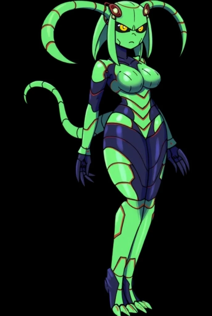 Hot insect shell woman, Guyver style, evil smile, scaraber reploid, bellows tail, cel shade adult animation, alien queen, metroid suit
