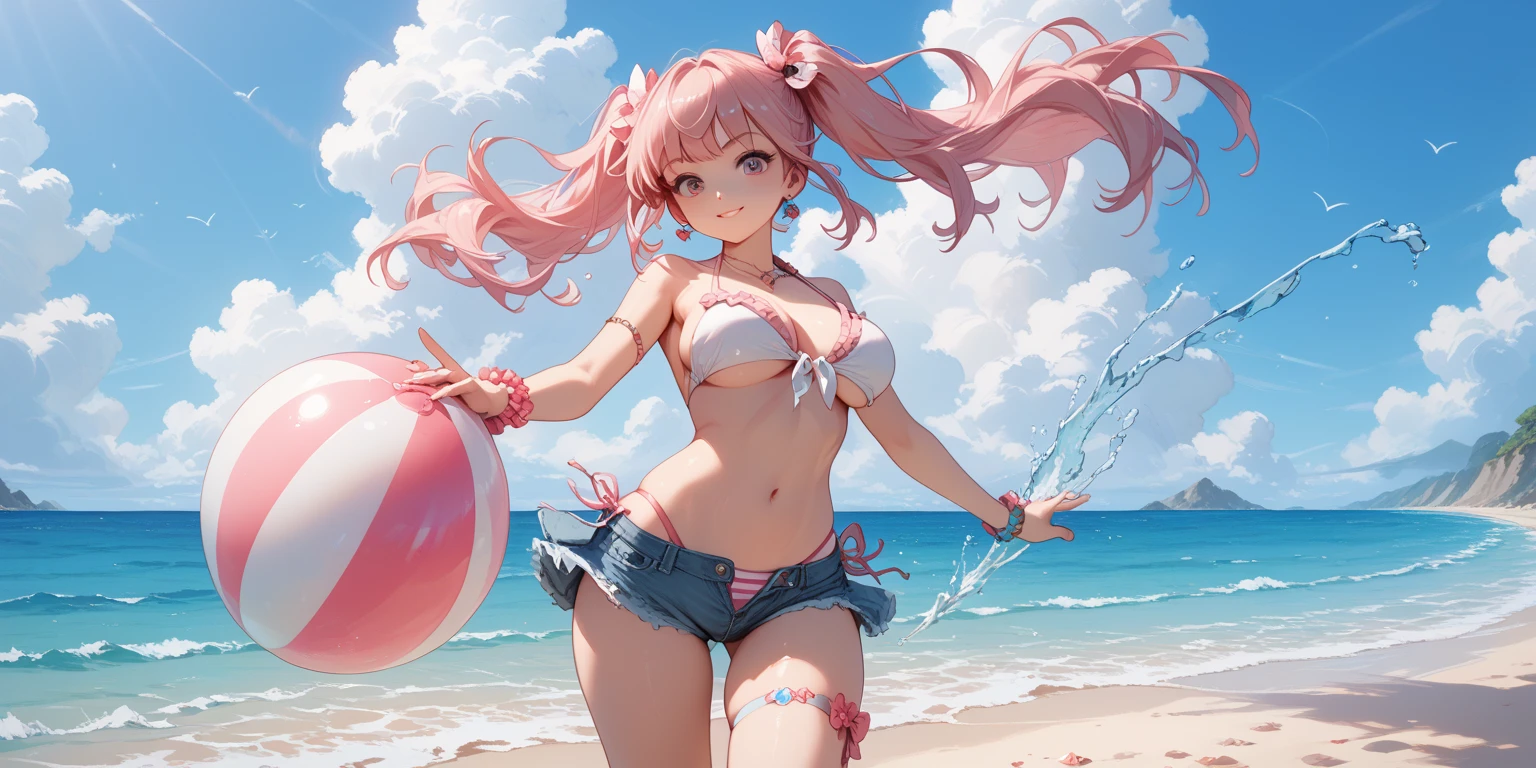 ((1 girls), solo, clevage, Big round breasts, trendy, stylish, clevage, thighs, hips, realistic, pink hair, blonde hair, light green eyes, lip gloss, detailed face, amazing big eyes, eye details, big lips, eyebrow details, blush, naughty, mischevious face, HD, good quality, kitchen, lolipop, licking lolipop, tongue, pink, bikini
