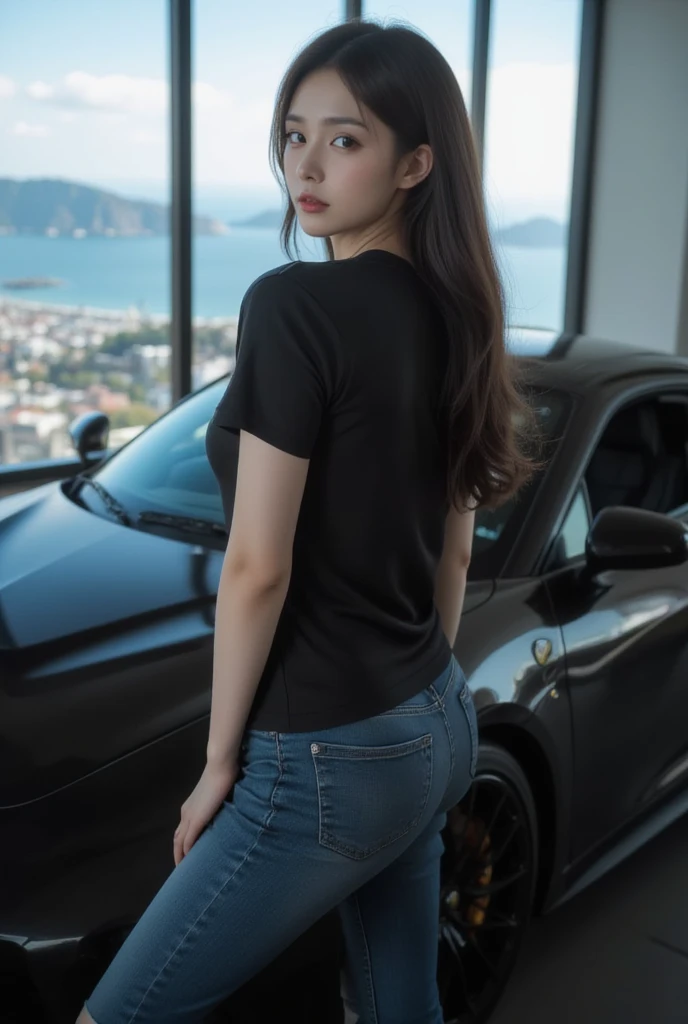 Japanese woman posing next to a car,model、  （"Alpha" It is written there）,Look away from the viewer, T-Shirts, Cinema Lighting, Shine、Great view point