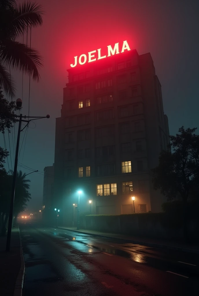 ''A foggy, serie nighttime view of the historic "Joelma Building" its neon sign glowing faintly amidst the darkness, with an unsettling vibe emanating from the building. flames starts in 3rt floor.  the biggest urban disaster in Brazil is about to happen .  We are looking at the beginning of Incência , let's say 5 minutes after the start of this room and the effect of spreading rapidly through the old building full of wood and carpetObra-prima, Alta resolução, Premiado várias vezes, Detalhes altos, Perspectiva atmosférica, Profundidade de campo, Iluminação cinematográfica, 