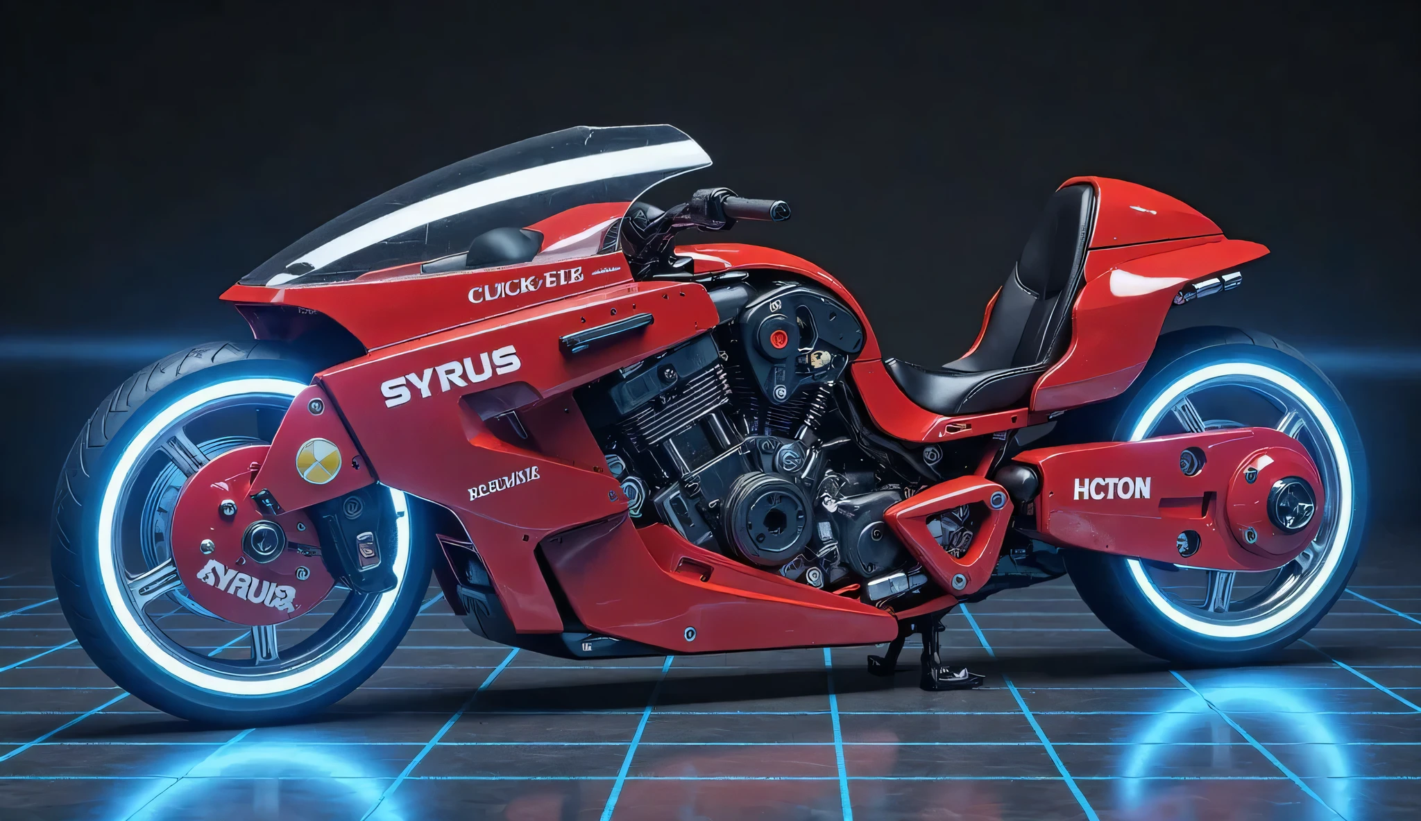 Akira Bike,(masterpiece:1.2,Exceptional Quality,Mirror-like,Cinematic Experience,best illustration:2.0,Super detailed),8k,wallpaper,(Future Hyper akira bike blueprint:2.0),(detailed Hyper bike description data :2.0),(3D hologram Hyper bike :2.0),(blue square line floor:2.0),(cyberpunk:2.0),(future:2.0),(bike Machinery:2.0),("SYRUS" hologram logo),(square line wall :2.0)