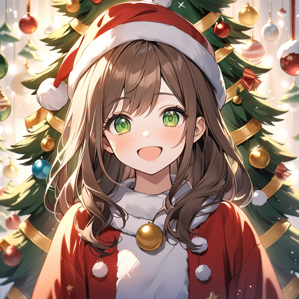 8k, Female Model,  length, Wavy brown hair ,  Green Eyes,    wear Christmas clothes with a Christmas themed background ,    not very realistic Christmas tree  ,   Christmas Trees That Aren't Very Real  ,  wear a Christmas hat ,   happy expression, Soft light