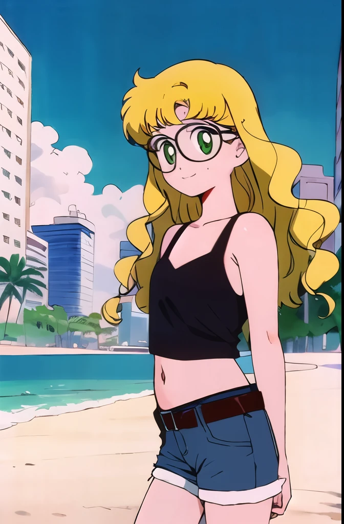 1980s \(style\), (masterpiece, best quality:1.3), 1girl, pale skin, american styled clothing, (very large (curly:1.3) thick blonde hair:1.2), (fully clothed:1.3) (curvy, bigger body:1.6), (body blush:1.1), (black frame big glasses on face:1.2), (brown eyes:1.2), beach, florida, palm trees, city lights, light particles, sun, sunlight, day, day sky, retro artstyle, <lora:80sv1:0.6> <lora:add_detail:0.4>