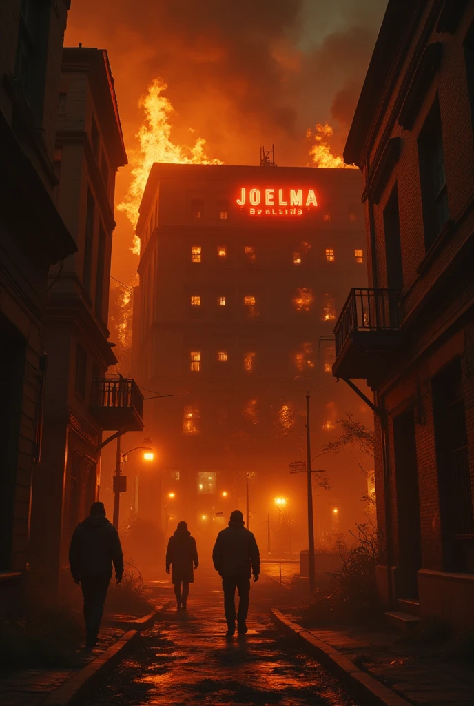 'um incêndio devastador. Pessoas pulando do último andar para fugir do fogo. 'A foggy, serie nighttime view of the historic "Joelma Building" its neon sign glowing faintly amidst the darkness, with an unsettling vibe emanating from the building. flames starts in 3rt floor.  the biggest urban disaster in Brazil is about to happen .  We are looking at the beginning of Incência , let's say 5 minutes after the start of this room and the effect of spreading rapidly through the old building full of wood and carpetObra-prima, Alta resolução, Premiado várias vezes, Detalhes altos, Perspectiva atmosférica, Profundidade de campo, Iluminação cinematográfica, 