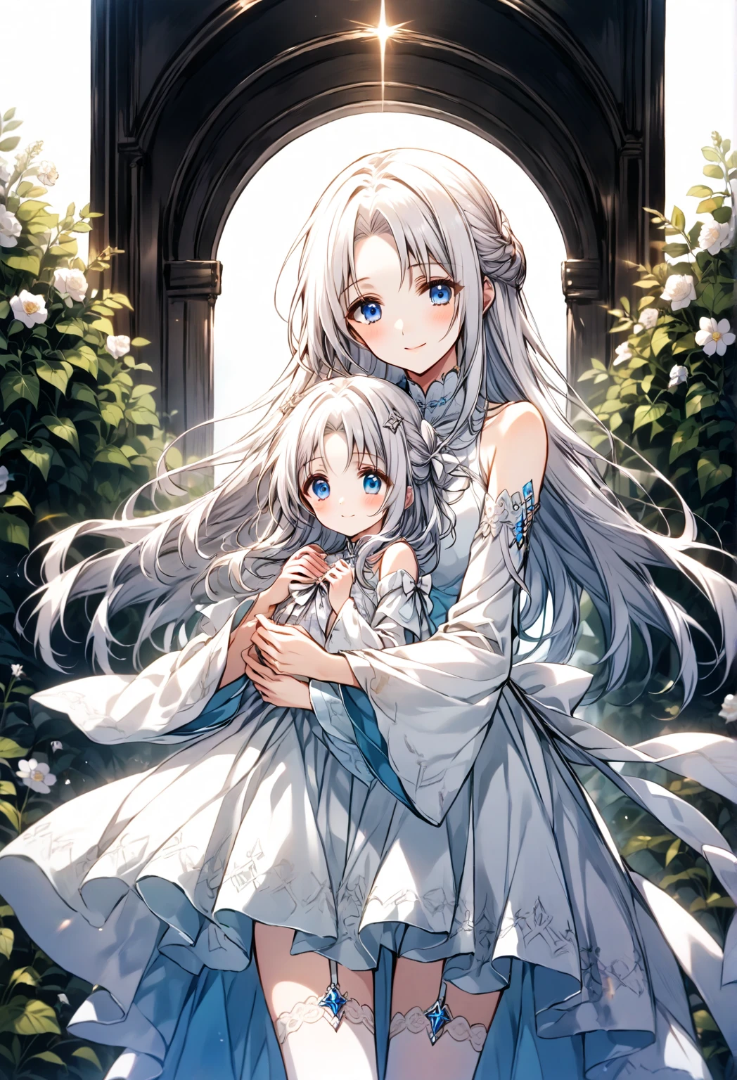  alone, girl, ((หญิงgirlวัยผู้ใหญ่),  Mother's Warmth , Feeling happy,  Gentle Look Warm ,  look at the audience , White hair, Long hair,  horse face,  Blue Eyes , Bare shoulders, Long white dress, Vent,  Wide Arms,  Split Sleeves ,  Thigh Length White Socks ,  Pantyhose Strap , White shoes,  High Heels White Bow ,  Thigh Length Socks {x} White Bow Jewelry with Jewels,  sky blue , flower, Garden Standing 