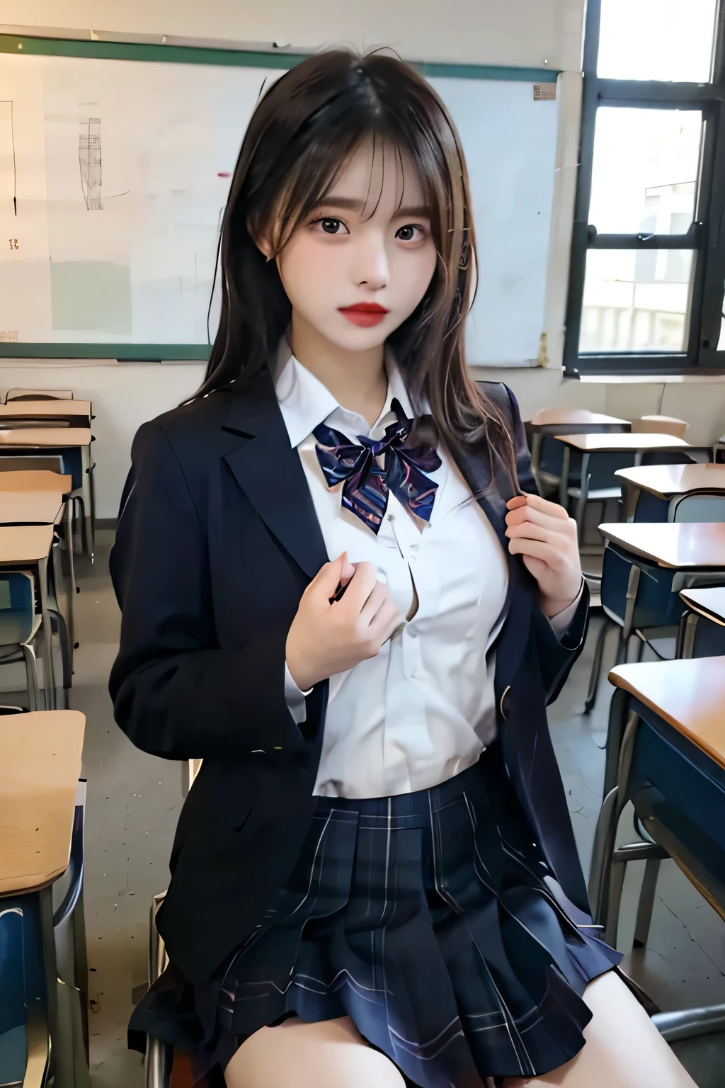 (Silk bra、shirts lift、lifted by self:1.2)、((top-quality、8k、​masterpiece:1.3))、((Classroom at evening、high-school uniform))、Very detailed expression, finely detail、Highly detailed face movie lighting、1 girl、front fascia、((black  hair))、Highly detailed facial and skin texture、A detailed eye、pleatedskirt(((Dark blue school uniform)))、school uniform,blazer,neckribbon,White shirt(shirt lift),plaid pattern skirt,Showing off shirt,,wear a white very small bra,shorts hair,hair pin,