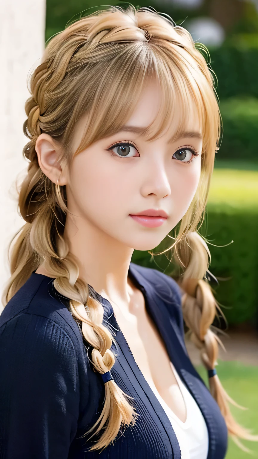 Sexy Big 、Sexy cute looks and cute 15 year old beautiful girl, beautiful and sexy face、A strong wind blows my hair in front of my face、beautiful long blonde French braided hair、beautiful, Cute and sexy eyes hidden behind long bangs