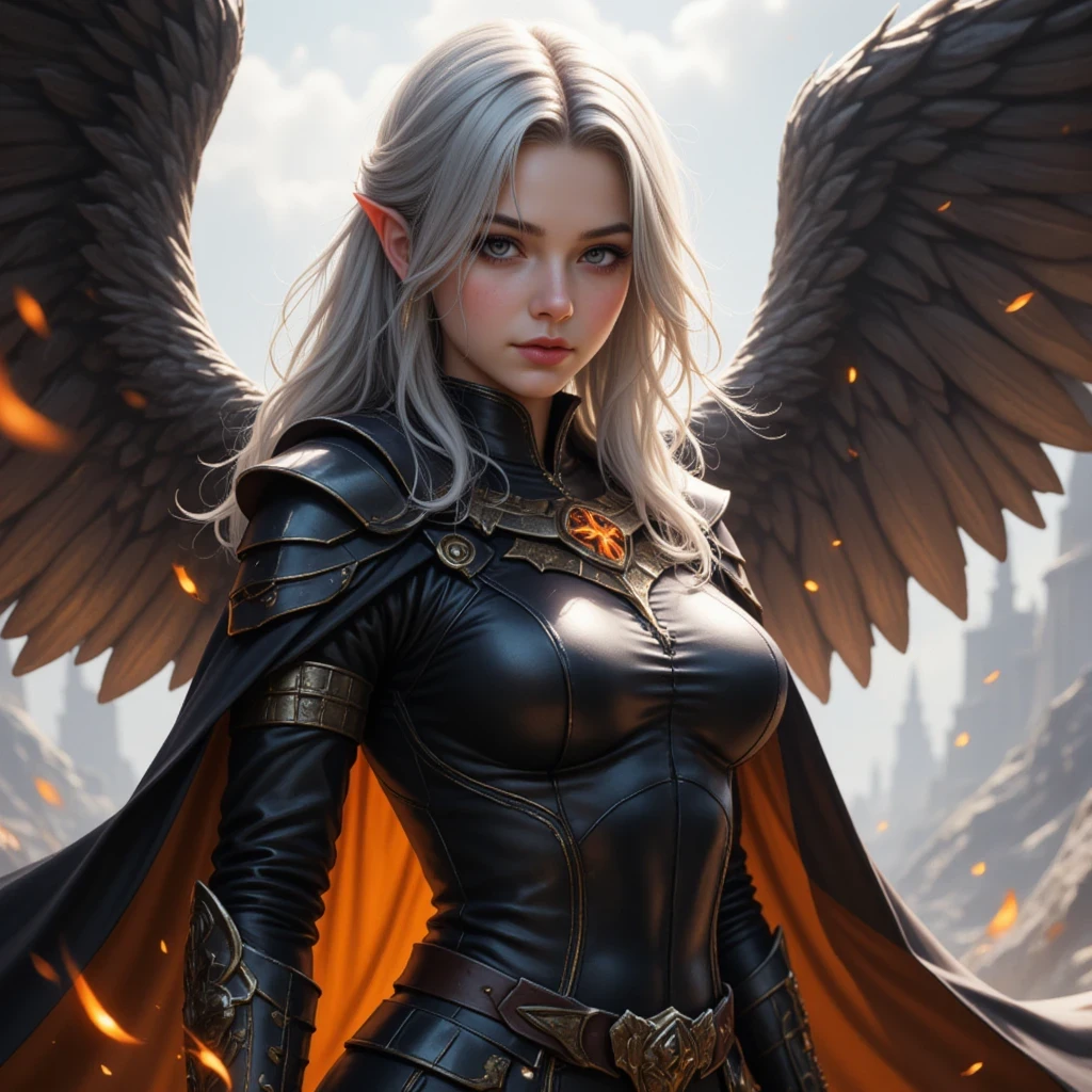 ((super fine illustration, 8k, Masterpiece :1.2, Sharp focus :1.2, depth of field:1.2)), Beautiful swordswoman, absurdity, Highly detailed face and skin texture, silver hair, jet-black armor, flame armor, cloak wrapped in flames, sword wrapped in flames, flame wings, determination to overcome sorrow, A sign of determination in your gentle eyes , strong soul