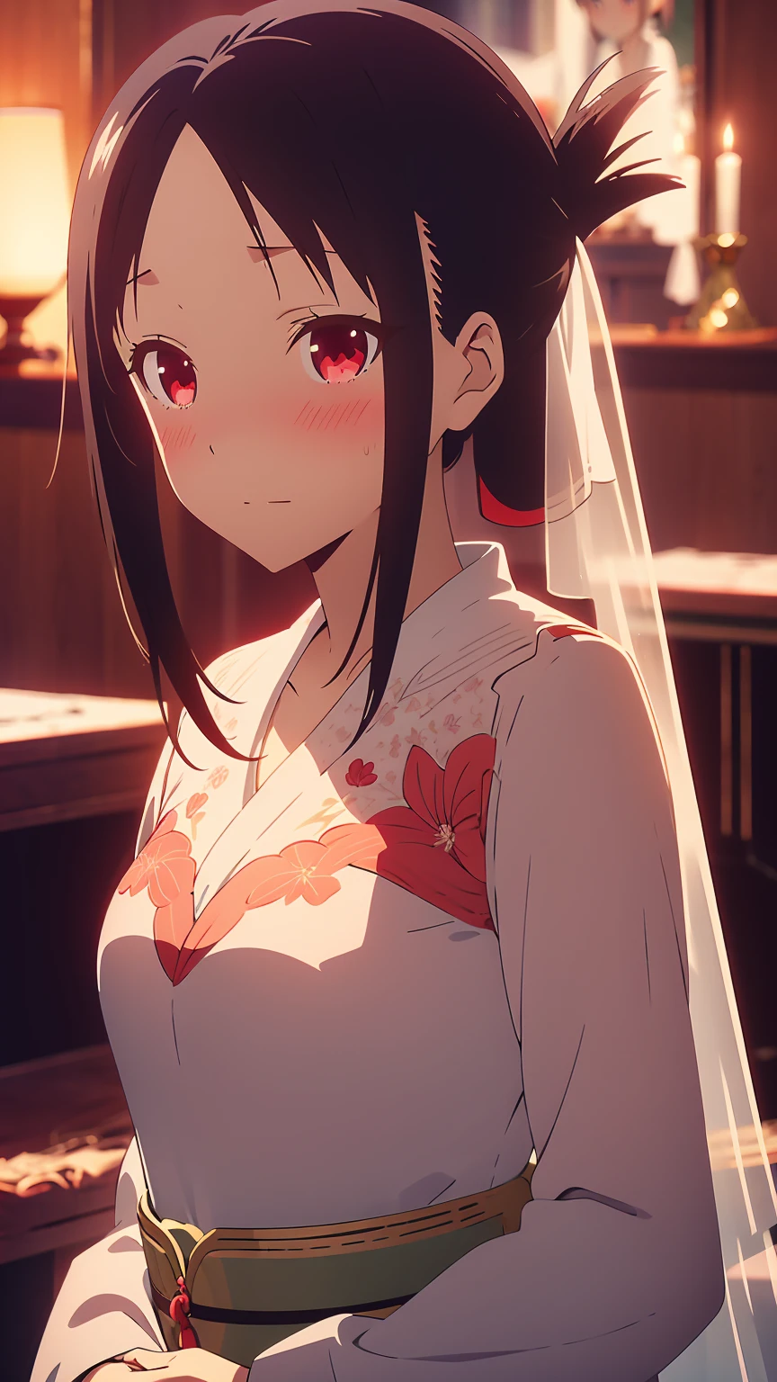 Kaguya shinomiya , White wedding dress , smug face, blush, detailed eyes , at night time 