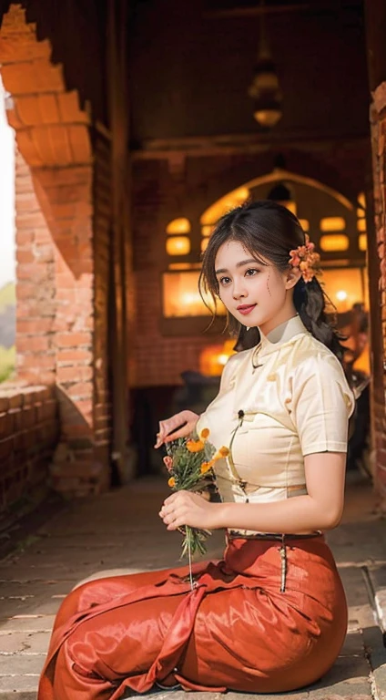 The World Heritage Site of Bagan Pagoda (Ananda Pagoda, Sabtanyu Pagoda, Shwe Sigon Pagoda, Lokananda Pagoda, Dhammaranggyi Pagoda) is in the background. A young woman in her 20s is posing in various poses and styles. The best and highest quality photo was taken to enter the award-winning photo contest. Clear and sharp images, the natural scenery of Bagan Pagoda. She is elegant and beautiful. She has high hips and a curvy body. She has a smiling face and bright eyes. She is full of herself. The highest quality HD photo.