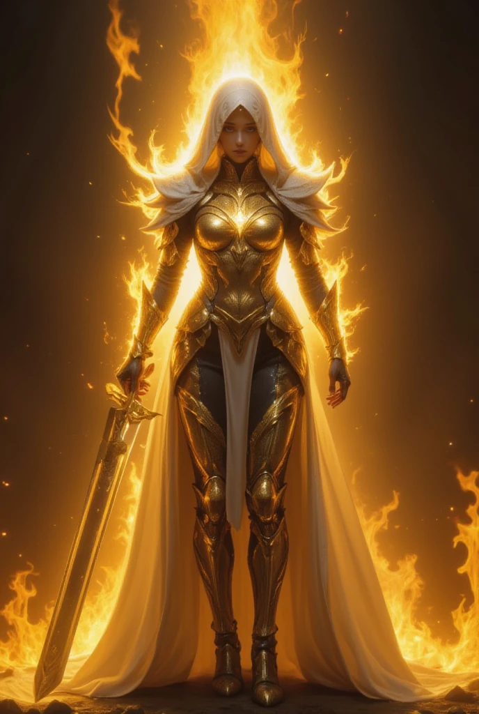 A majestic figure, clad in glowing, golden armor and a flowing, white hooded cape, stands amidst a fiery pit.  The figure exudes power and serenity.  Posing with a large, golden sword held before them, their expression is stoic, yet regal.  The armor, detailed with intricate, dark patterns, highlights the figure's strong, formidable presence. The cape, a soft, ethereal white, drapes and flows beautifully around the figure, creating a sense of grace and divine authority.  Warm golden light radiates from the sword, illuminating the figure and casting a warm glow over the fiery ground. The background is dark, allowing the golden hues and the intense, fiery orange-yellow flames to dominate the foreground.  The flames are depicted with fine detail, displaying different gradations of yellow and orange, emphasizing the heat and energy of the scene. The perspective is from a respectful distance, emphasizing the figureâs imposing stature.  High fantasy art style.  Epic, dramatic, and majestic atmosphere.  The scene evokes a powerful sense of mythology, lore, and ancient histories, HKMagic, 