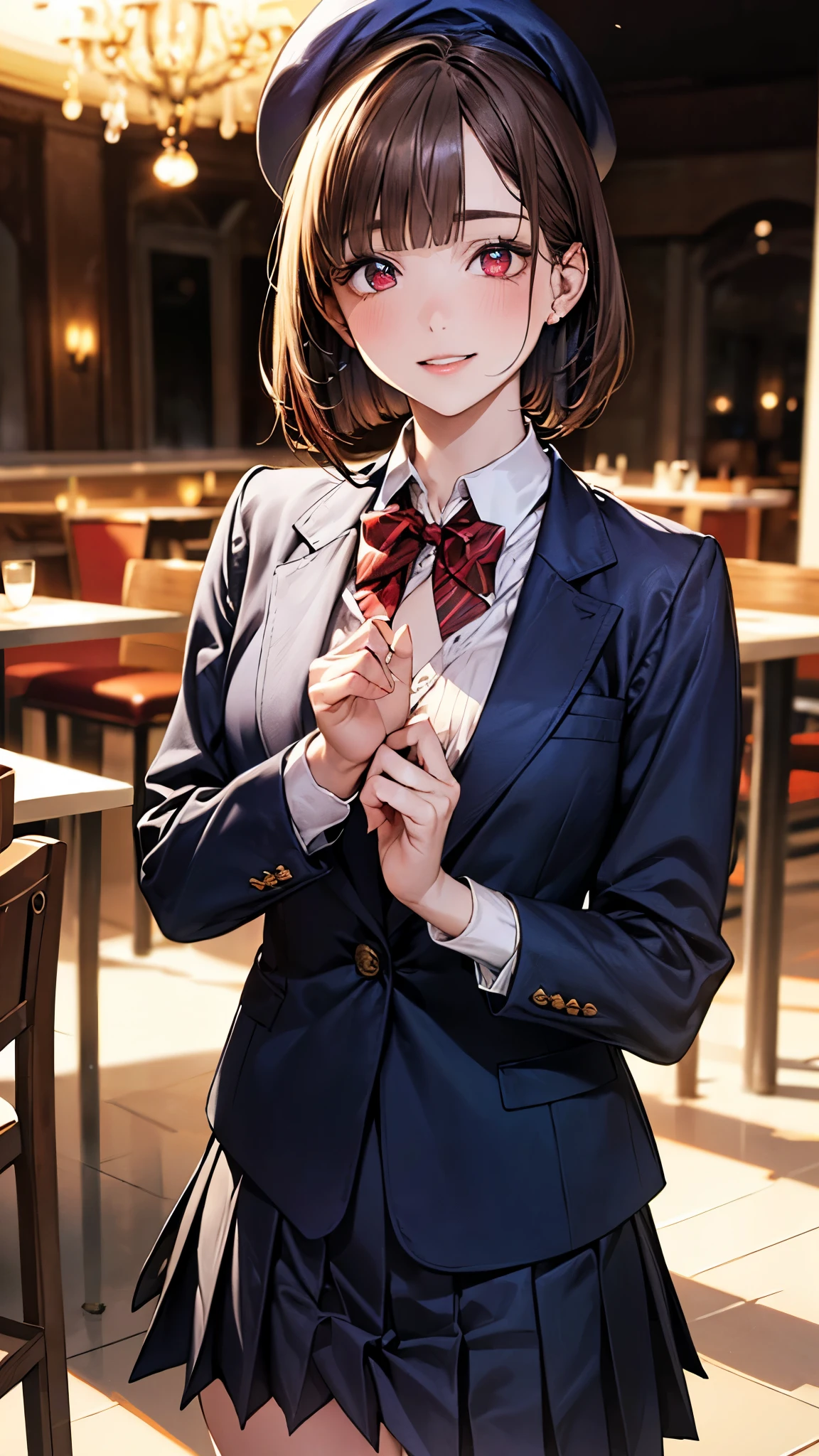 (hig彼st quality、8k、32k、masterpiece)、(Realistic)、(Realistic:1.2)、(High resolution)、Very detailed、Very beautiful face and eyes、1 girl、Delicate body、(hig彼st quality、Attention to detail、Rich skin detail)、(hig彼st quality、8k、Oil paints:1.2)、Very detailed、(Realistic、Realistic:1.37)、Bright colors、(Full Body Shot)、((Small eyes)), short hair, (School classroom, school uniform:1.6, Navy blue blazer, Collared shirt, Pleated skirt, Red ribbon, high school girl), (Medium breast:1.6)