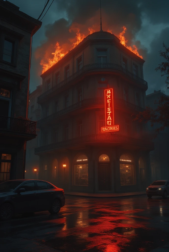 ''A foggy, serie nighttime view of the historic "Artesanature" its neon sign in Capitular glowing faintly amidst the darkness, with an unsettling vibe emanating from the building. flames starts in 3rt floor.  the biggest urban disaster in Brazil is about to happen .  We are looking at the beginning of Incência , let's say 5 minutes after the start of this room and the effect of spreading rapidly through the old building full of wood and carpetObra-prima, Alta resolução, Premiado várias vezes, Detalhes altos, Perspectiva atmosférica, Profundidade de campo, Iluminação cinematográfica, 