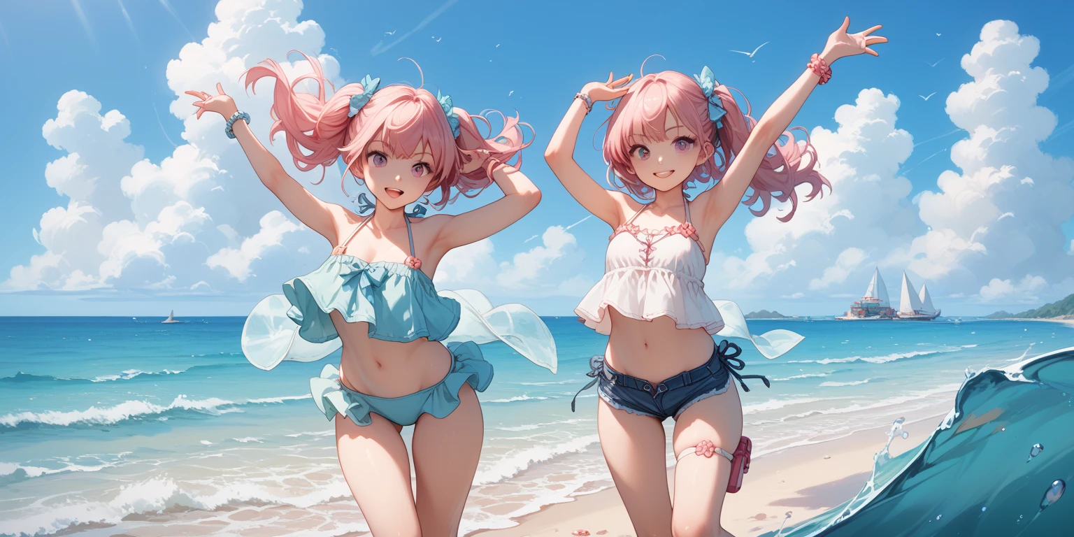 Four big breasted sisters in cute lingerie and cute bras、Cute white bra with ribbon、White and light blue checkered bra、Cute orange bra、White underwear with cute ribbon、White and light blue striped pants、Cute orange underwear、Sandy Beach, Calm, Clear sea and blue sky、Pink floral bra、Pink floral underwear、barefoot