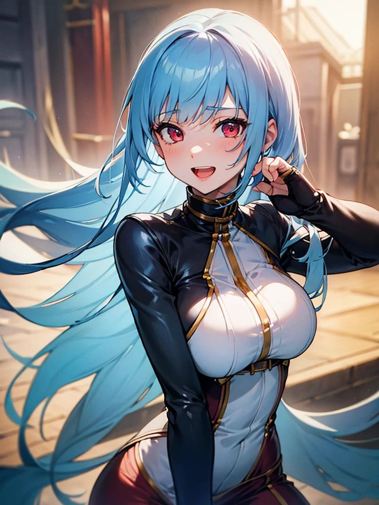 (​masterpiece、top-quality、hight resolution、Unity 8k、extremely details CG:1,Best Picture),((Light blue hair)), red eyes, Upper body, A gentle and devoted woman who, with pure kindness, takes natural pleasure in giving blow jobs to men. She has modesty and grace, yet wears an amorous costume. Her warm smile and gentle gaze convey a genuine passion for fellatio, not out of obligation or a sense of duty. Open mouth.