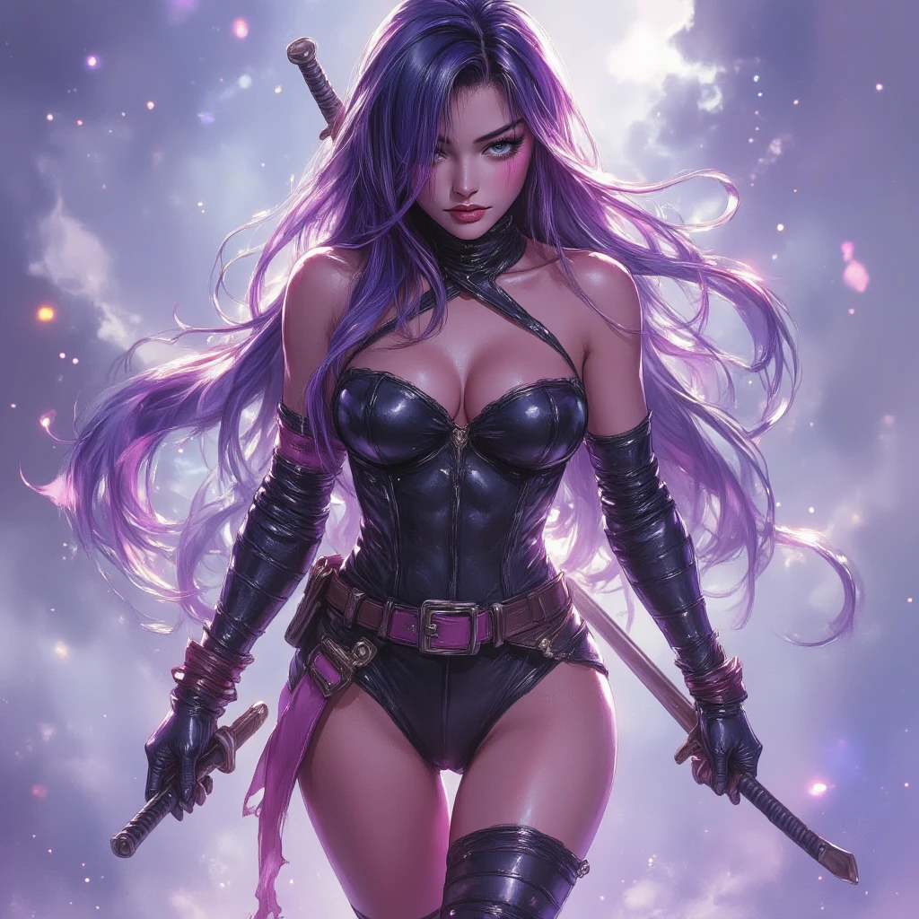 

Psylocke, a beautiful woman, with long straight hair with a thin purple silk stripe, long black leather gloves with two stripes of black leather on both armes, long black leather booths with two stripes of black leather on both legs, mini black body-suit open on the front to show her athletic body, pink belt. She holds a black katana in one hand and a light purple ray starts from the other. Luis Royo style, High Details, High Resolution, Super Detailed, Textured Skin, 