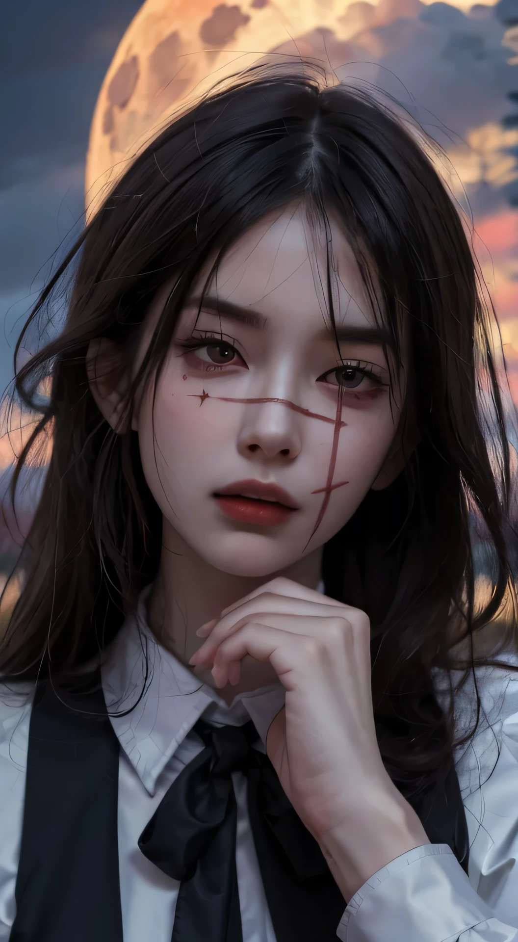 ((masterpiece, best quality)), (1girl), (solo), (female focus), yoru \(chainsaw man\),(very detailed face, real image, realistic white skin, realistic body, intricate details)psycho face, psycho eyes, serious, blood over the body, blood, black hair, long hair, intimidating look, pinafore dress, buttoned shirt, neck ribbon, small breasts, holding a knife, blood, blood on the knife, blood on scenario, moon, night, sky, clouds