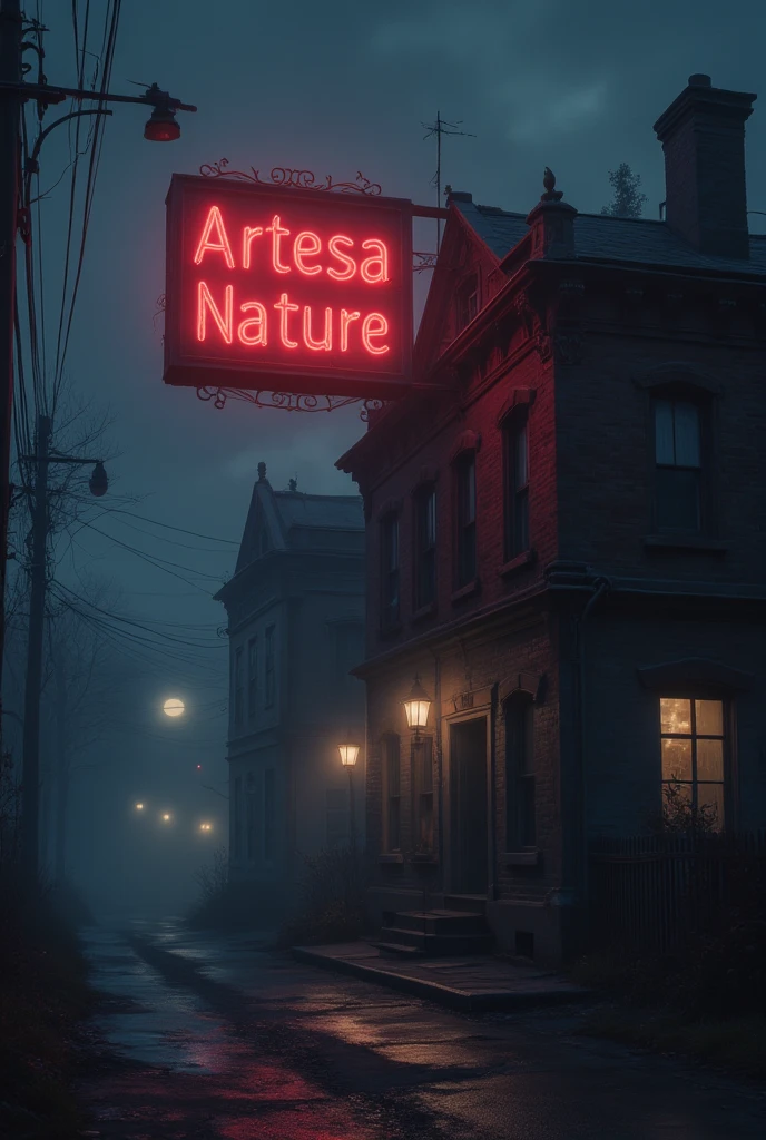 ''A foggy, serie nighttime view of the historic "ArtesaNature" its neon sign in Capitular glowing faintly amidst the darkness, with an unsettling vibe emanating from the building.  masterpiece ,  high resolution ,  Awarded multiple times ,  tall details,  atmospheric perspective , depth of field,  Cinematic lighting , 