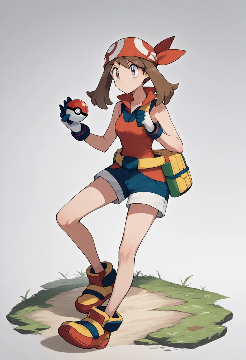 masterpiece,best quality, highly detailed, score_9, score_8_up, score_7_up, score_6_up,source_anime,
BREAK
 may, 1girl, may (pokemon), adulta, 20 anos de idade, solo,  bandana, brown hair, holding poke ball, poke ball, holding, red bandana, grey eyes, full body, fanny pack, closed mouth, long hair, shorts, bikini transparente