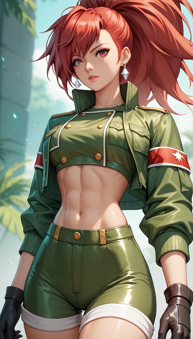 Red Hair、leonakofdg、Red eyes、green shorts, midriff, crop top, black gloves, military uniform, green jacket, earrings, jewelry, Shiny Hair、Tight waist、Small waist、Glowing Skin、Beauty、