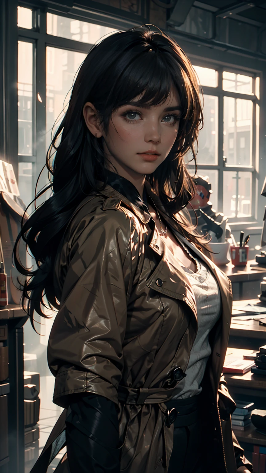  Realistic black eyed beautiful girl ,  pale skin,  medium length dark hair,  perfect face,  perfect eyes,  With the coat on  ,  high definition, Comprehensive cinematic,   DIGITAL PAINTING, 8k,  cinematic lighting ,  best quality,  high definition , Detailed work,  post-processing , Perfect results,  surrenders