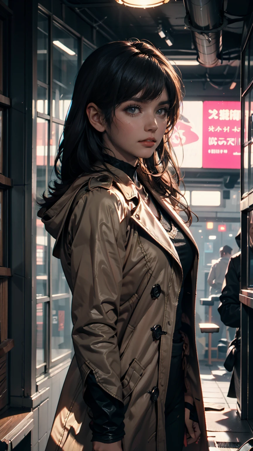  Realistic black eyed beautiful girl ,  pale skin,  medium length dark hair,  perfect face,  perfect eyes,  With the coat on  ,  high definition, Comprehensive cinematic,   DIGITAL PAINTING, 8k,  cinematic lighting ,  best quality,  high definition , Detailed work,  post-processing , Perfect results,  surrenders