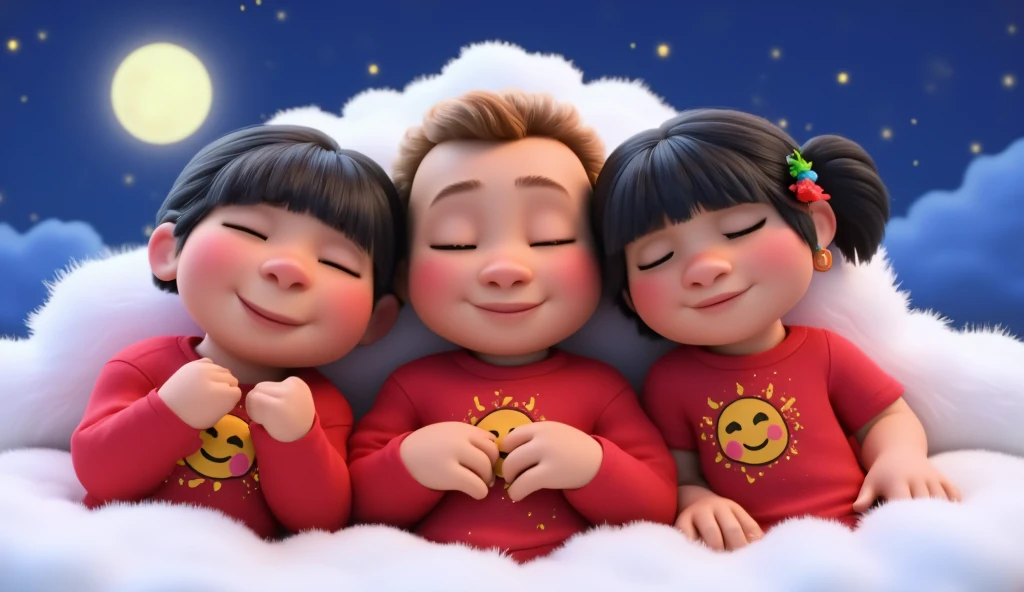 Inspired by the arts in the films of Disney Pixar characters in 3D in high resolution and high quality, create the image of three babies sleeping in Christmas-themed pajamas. The red pajamas with yellow emojis wearing hats. Christmas hats. The three babies are in the center. There is a boy with very light brown curly hair. He has sun-tanned skin. On the other side is a girl with straight, black hair that reaches her shoulders. She wears an earring made of colorful feathers on her ear. On the other side is another girl with black curly hair tied in two ponytails. She has earrings that resemble colorful paintbrushes. The three are certainly sleeping with their eyes closed and very peacefully. With a slight smile on their lips, the three are leaning on each other. The two girls rest their heads on the chest of the boy who hugs the two girls, illuminating the three. We have a sparkling star that stands out in a sky full of stars and a full moon. They are lying on white clouds like the Nimbus. It is rich in detail and is a clear tribute to the entrance of Christmas.