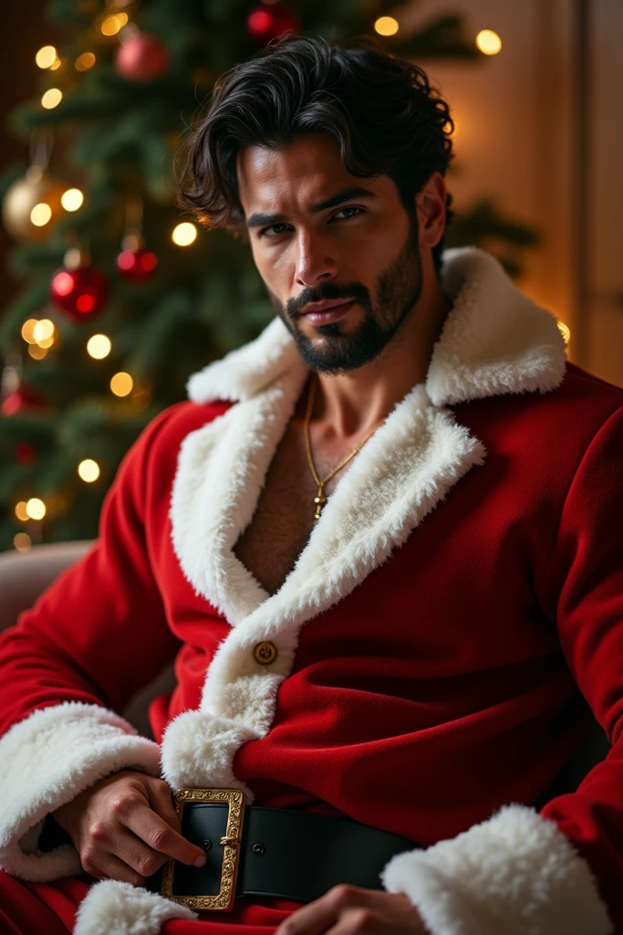 A sexy man with black hair, christmas time, snowinghe is sitting in sofa, looking at viewers seductively, , he has a( perfect penis 1.0), masterpiece,homoerotic ,detailed face,eyes and sexual expression ,he is wearing a fur coat, winter time,slightly curly hair,(head to thighs on  focus ), sexy pose, (short beard 0.4),(slight smirking 0.5),(confidece 1.0),(( mockingly smirk 0.7)
