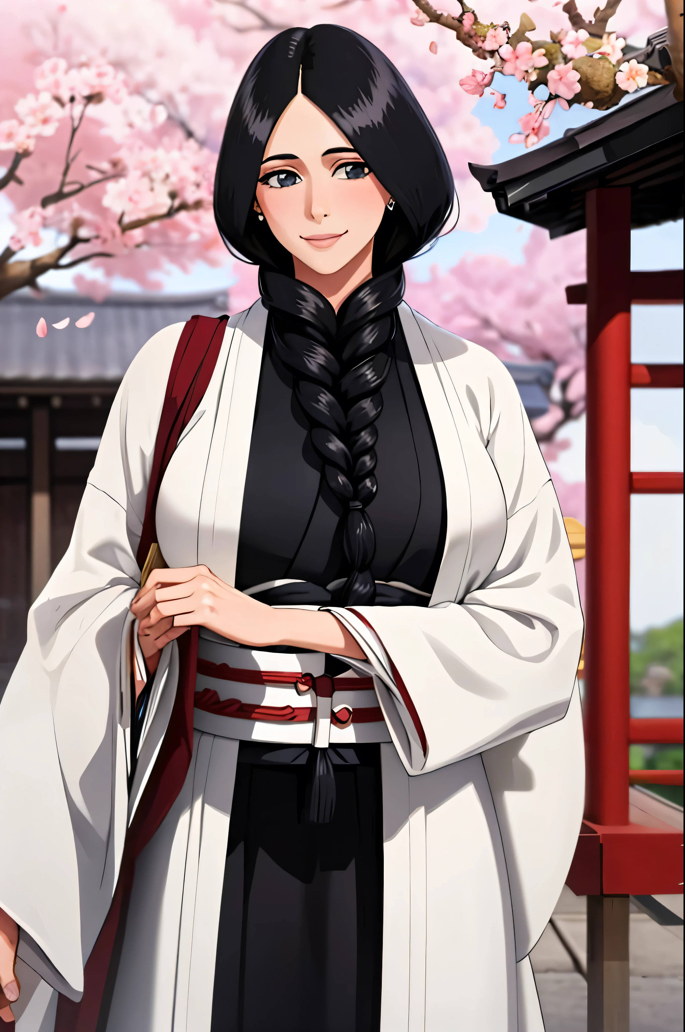 masterpiece, best quality, solo, unohana retsu, single braid, white coat, black kimono, large breasts, mature female, profile, smile, looking at viewer, male focus,  1girl, earrings, upper body, outdoor, japanese shrine, Cherry blossoms