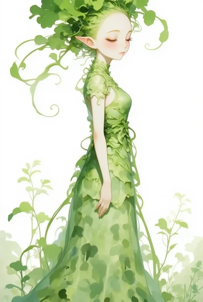 Portrait of daikon lady in long green dress, pointy ears, slight smile, simplified, minimalism