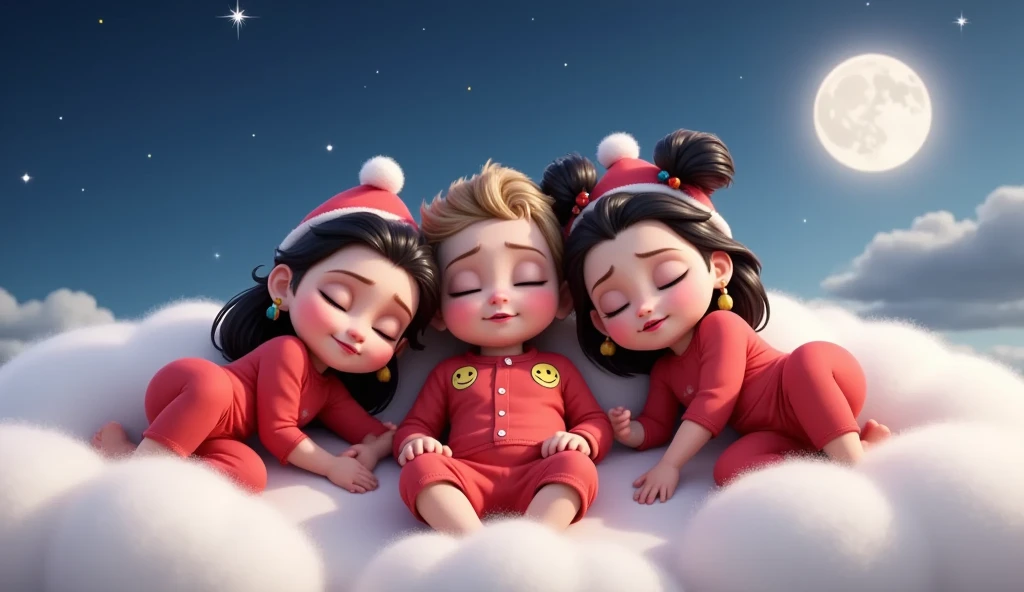 Inspired by the arts in the films of Disney Pixar characters in 3D in high resolution and high quality, create the image of three babies sleeping in Christmas-themed pajamas. The red pajamas with yellow emojis wearing hats. Christmas hats. The three  are in the center. There is a boy with very light brown curly hair. He has sun-tanned skin. On the other side is a girl with straight, black hair that reaches her shoulders. She wears an earring made of colorful feathers on her ear. On the other side is another girl with black curly hair tied in two ponytails. She has earrings that resemble colorful paintbrushes. The three are certainly sleeping with their eyes closed and very peacefully. With a slight smile on their lips, the three are leaning on each other. The two girls rest their heads on the chest of the boy who hugs the two girls, illuminating the three. We have a sparkling star that stands out in a sky full of stars and a full moon. They are lying on white clouds like the Nimbus. It is rich in detail and is a clear tribute to the entrance of Christmas.