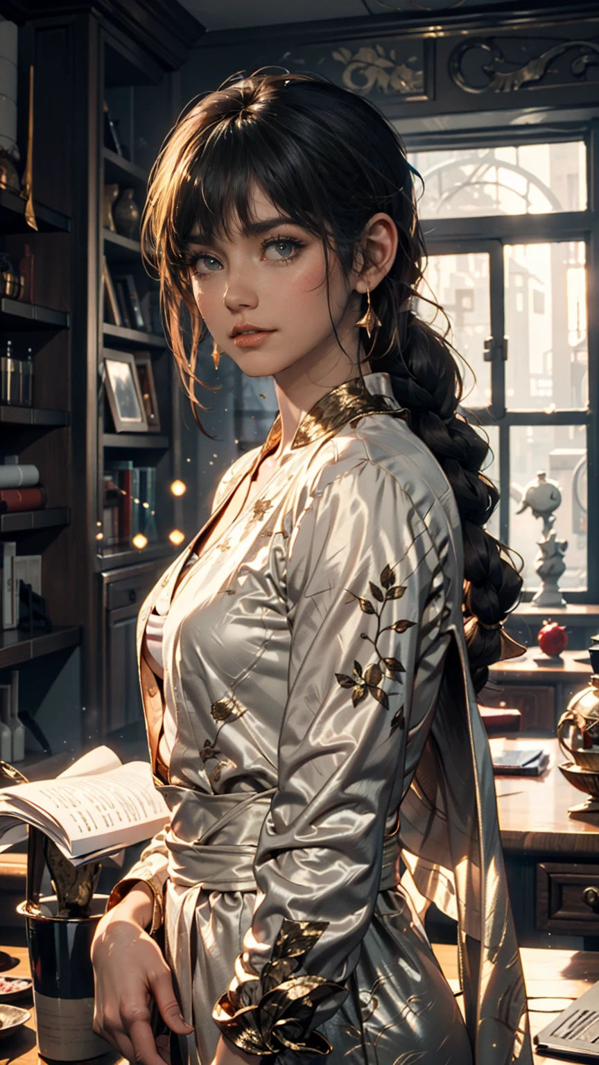 ( best quality,   Masterpiece :1.2),   Ultra High Resolution,  realistic ,  Front Lighting , Exquisite details,   Exquisite Details and Textures ,  1 girl , Alone ,(young), Face Enhancement,  upper body,  detailed face , Scar bruise, white skin,  Silver Hair,  ponytail ,   hair with braids,  watch viewers,  big eyes, silk robe, (Hollow pattern , white, silk),  earrings for a woman alone,  small breasts,  slender body , Luxurious Room,   Professional Writing  ,  photon mapping ,  radiosity, physically-based rendering,