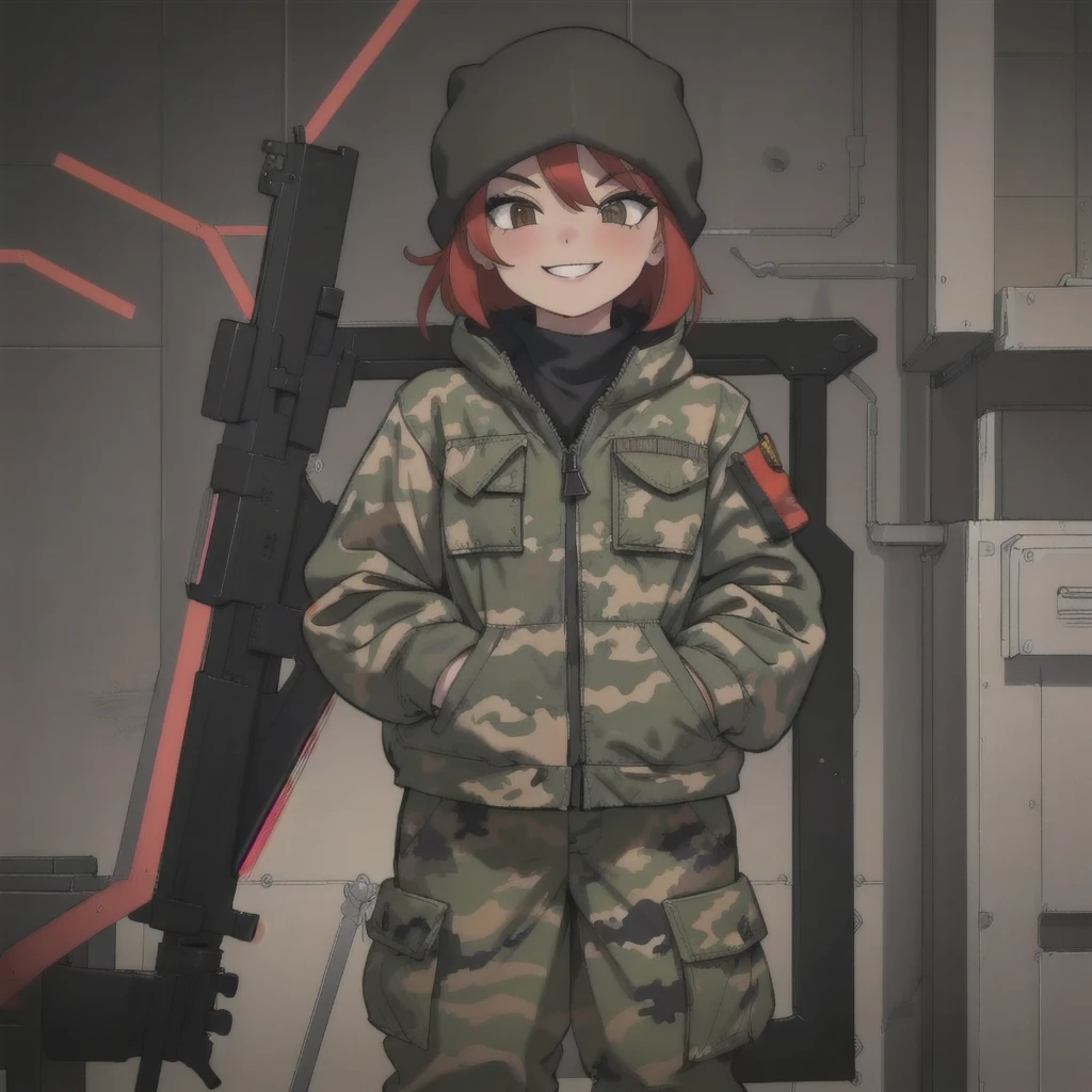 girl with smile and red short hair, black sweter, camouflage balaclava, camouflage pants and army boots.