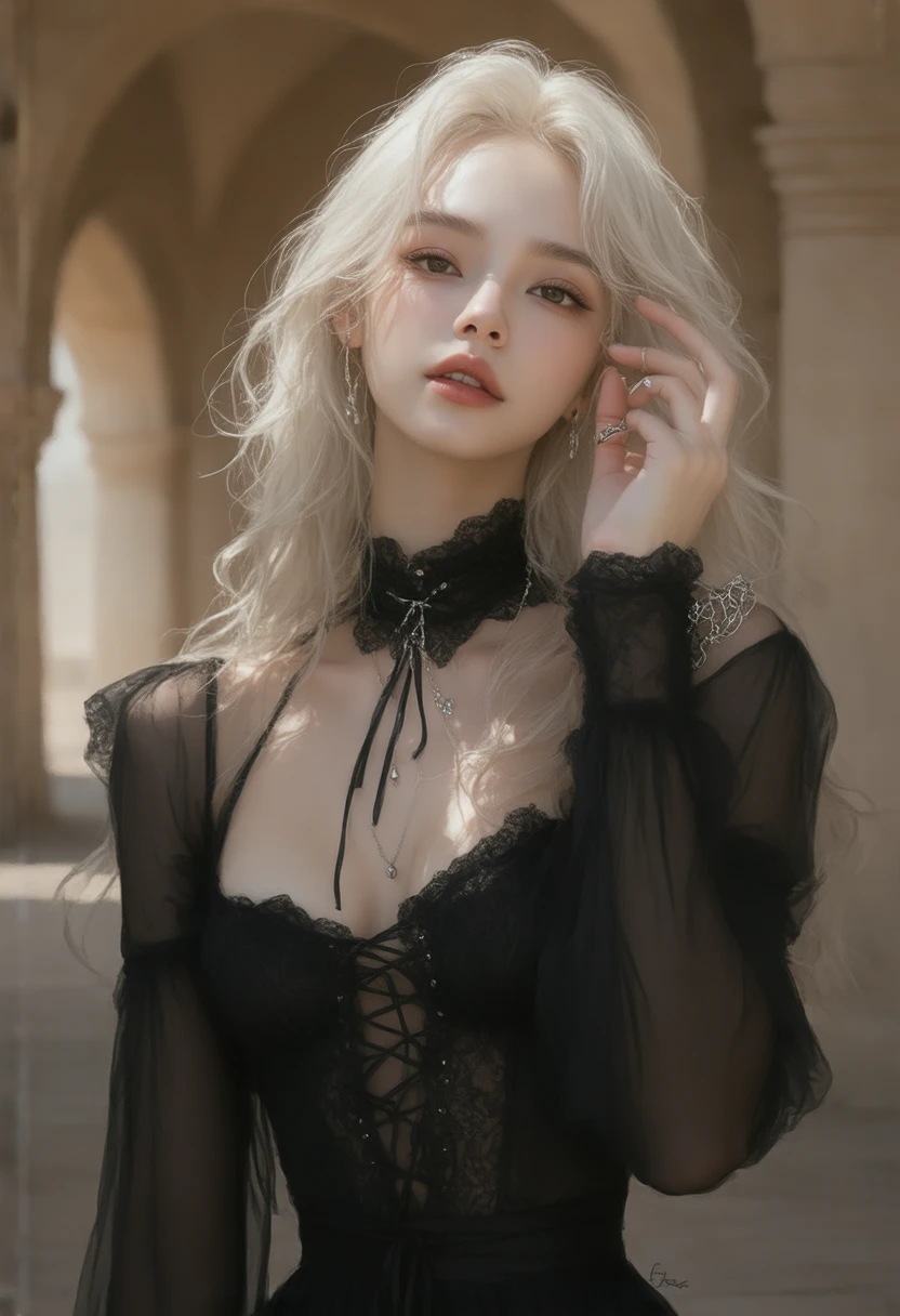garota loira americana com corsert preto, Gothic style, garota loira jennie kim
