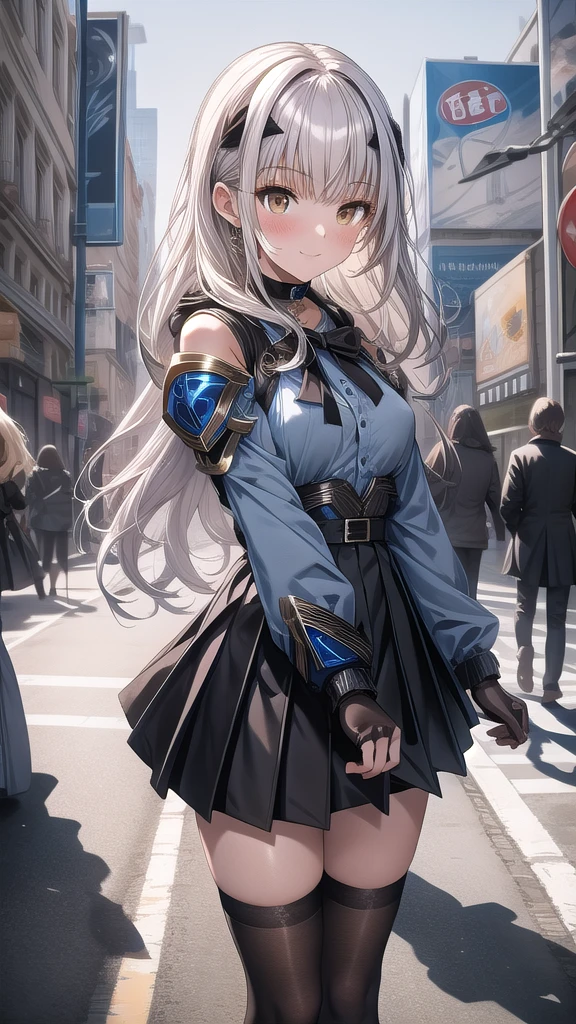   Masterpiece ,  best quality,  high definition , BBS, Melusine, ( Brown Eyes :1.5),  long hair,  white hair, sidelocks,,  touch the black choker ,  bow tie ,  colored shirt ,  hoodies ,  black jacket, Open the clothes,  Long Sleeve ,  gray skirt in the middle of the city,  pleated skirt ,  black knee socks,  standing,  cowboy shooting, smile, Outdoor blue  dress,  dress, frills,  Long Sleeve , Thighs丈, Thighs, white Thighs丈,
armor, armored  dress, black  dress, black Gloves, blue armor, blue  dress, breastplate,  dress, Fail, Gloves,  mask ,  shoulder armor, short  dress, shoulder armor,