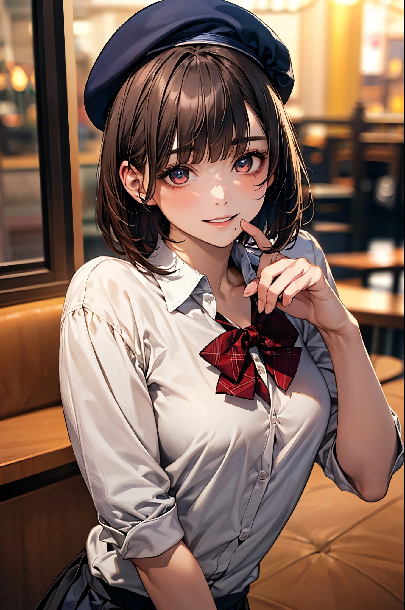 (8K, Highest quality, masterpiece:1.2), (SFW:1.3), (Realistic, photo-Realistic:1.37), Super detailed, 1 Girl,cute, alone,Beautifully detailed skies,Detailed Cafe,night,Sitting,Date,(Red nose),(smile:1.1),(Mouth closed) Medium chest,Beautiful attention to detail,(Collared shirt:1.1), bow tie,Pleated skirt,(short hair:1.2),Floating Hair