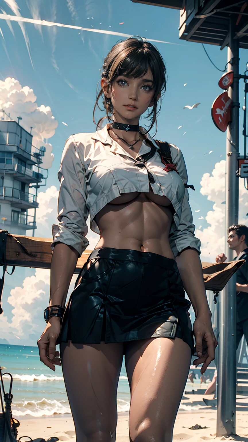 ((  Masterpiece )), (( best quality)), (( high definition )), (( Highly Detailed CG Unity 8K Wallpaper)), Alone, Tachibana Kanade ,  tan school uniform with split hair, micro mini black skirt ,  white socks , Outdoor, face, Curtain Hair,  beach , Hair split ,  Silver Hair、 choker、blue sky、cloud、Belly button visible、underboob((Underboob))、Big Breasts(Stick forward)、Torpedo boobs、