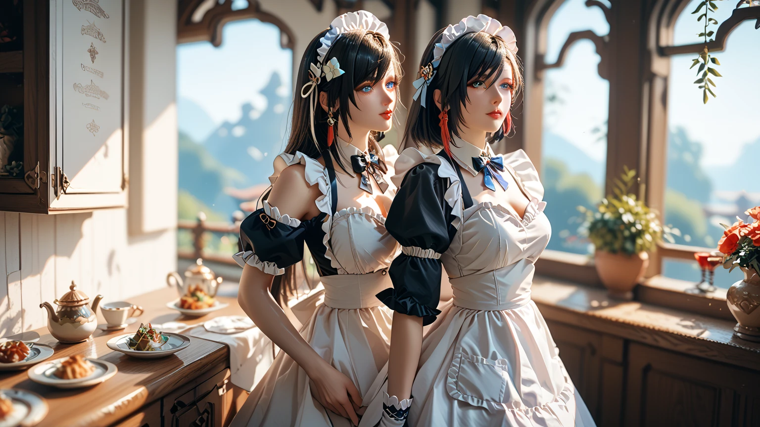 Two girls, an elven girl hugging a human girl from behind,
Elf Girl (Full Body, Platinum Blonde,Twin Tails, Blue Eyes, Smiling, Solid Black Short Maid Outfit (Short Sleeves, Puff Sleeves, White Cufflinks, Cuffs with One Black Button, White Collar, Thigh Length Skirt), White Long Apron Dress (Apron with breastplate, Length to hem of skirt, Shoulder straps, White lace ruffles at shoulder straps, Large ribbon knot at the back), Red ascot tie, Head headband with white lace ruffles, White stockings, White panniers (lace hem), Black enamel shoes (high heels),
Human girl (full body, black hair, ponytail, brown eyes, slightly embarrassed look), short maid outfit in a light blue dress (short sleeves, puff sleeves, white cuffs with cufflinks, cuffs with one black button, white collar, thigh length skirt), white apron, dark blue string tie, head headband with white lace ruffles, black stockings, white panniers (lace hem of panniers) , white enamel shoes (high heels),
Mucha style background with white lilies scattered