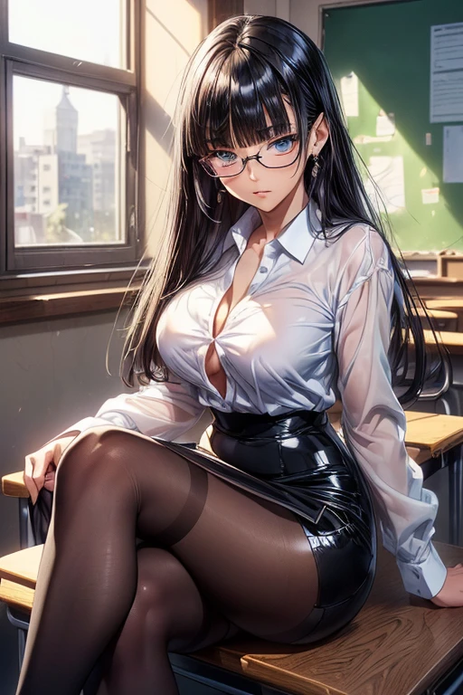 (see through thin blouse), lace bra detail is visible, (((straddling to hit the crotch on the corner of the table))), open legs, raise leg, blush, masturbation, ceiling, glasses,