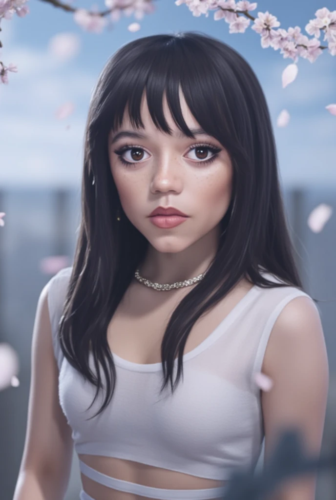 Create a photorealistic, high-resolution image of Jenna Ortega ((j3nnaort3ga)), styled similarly to Hinata from Boruto, featuring her long hair, ((purple eyes)), and a soft, sad smile. She wears a form-fitting crop top that reveals her shoulders and complements her curves, perhaps in a shade of white or light pink to match the falling cherry blossom petals. The scene is set outdoors under a cloudy sky, with cherry blossom petals gently falling around her, creating a ethereal and melancholic atmosphere. Jenna is posed in a way that echoes Hinata's shy yet determined stance, with her body turned slightly to one side, facing the camera with a mix of vulnerability and strength. The composition is perfect, balancing her figure with the falling petals and the cloudy sky, ensuring a harmonious visual arrangement. The focus is on her detailed ((pink lips)) and blushed cheeks, with realistic skin texture and hair strands. The image should capture her mature beauty with accurate body proportions and realistic features, resembling a professional photoshoot with careful lighting and perspective. The color grade should have a soft, pastel tone to complement the cherry blossoms and cloudy sky, perhaps with hints of blue and pink, creating a dreamlike quality.