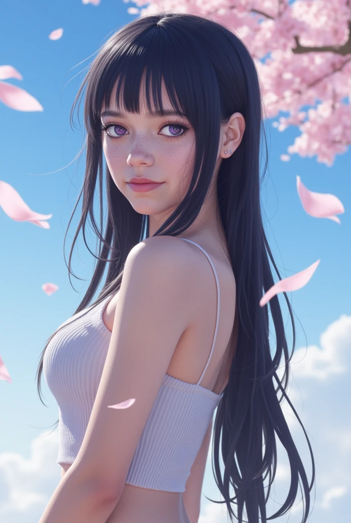 Create a photorealistic, high-resolution image of Jenna Ortega ((j3nnaort3ga)), styled similarly to Hinata from Boruto, featuring her long hair, ((purple eyes)), and a soft, sad smile. She wears a form-fitting crop top that reveals her shoulders and complements her curves, perhaps in a shade of white or light pink to match the falling cherry blossom petals. The scene is set outdoors under a cloudy sky, with cherry blossom petals gently falling around her, creating a ethereal and melancholic atmosphere. Jenna is posed in a way that echoes Hinata's shy yet determined stance, with her body turned slightly to one side, facing the camera with a mix of vulnerability and strength. The composition is perfect, balancing her figure with the falling petals and the cloudy sky, ensuring a harmonious visual arrangement. The focus is on her detailed ((pink lips)) and blushed cheeks, with realistic skin texture and hair strands. The image should capture her mature beauty with accurate body proportions and realistic features, resembling a professional photoshoot with careful lighting and perspective. The color grade should have a soft, pastel tone to complement the cherry blossoms and cloudy sky, perhaps with hints of blue and pink, creating a dreamlike quality.