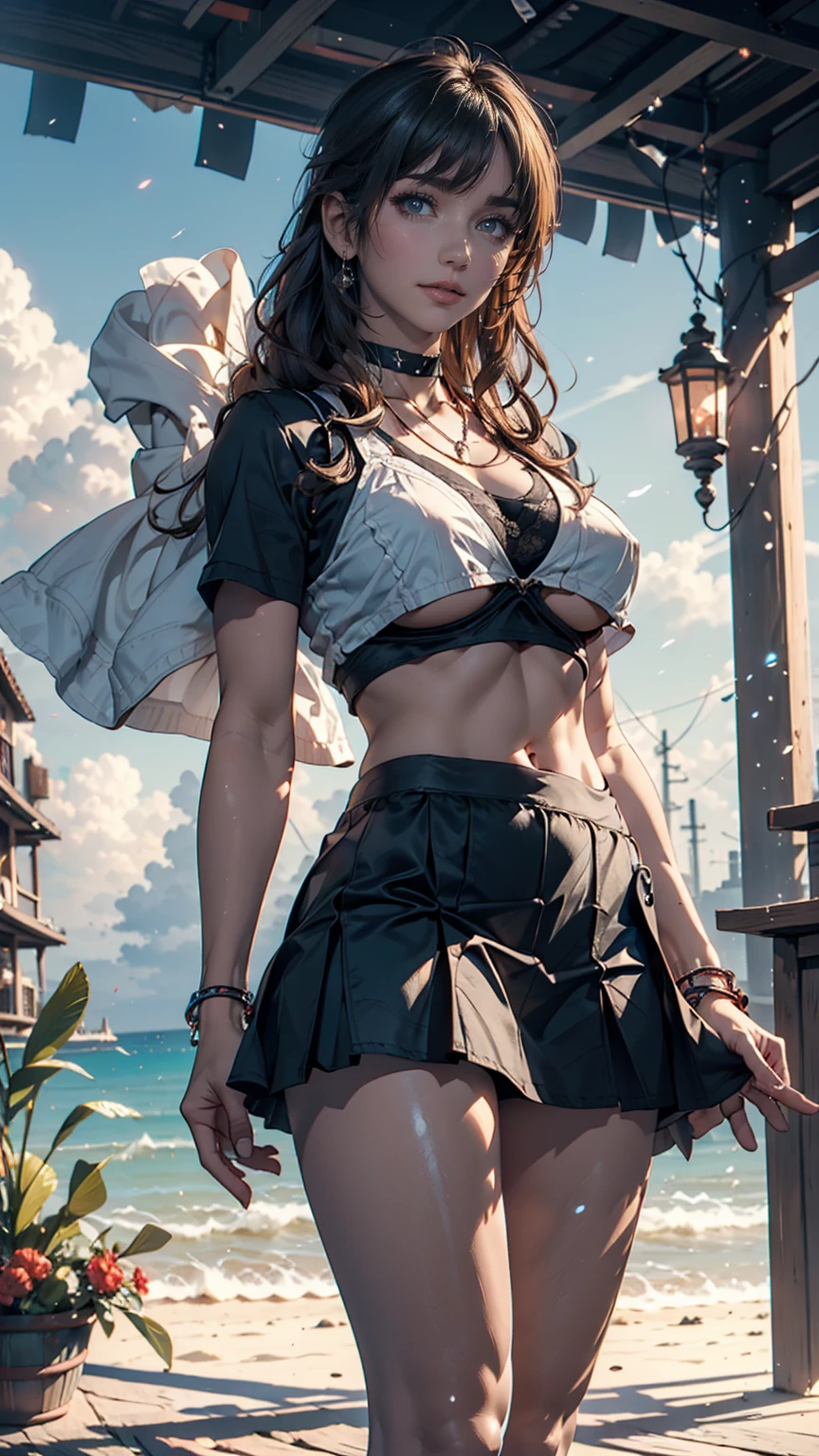 ((  Masterpiece )), (( best quality)), (( high definition )), (( Highly Detailed CG Unity 8K Wallpaper)), Alone, Tachibana Kanade ,  tan school uniform with split hair, micro mini black skirt ,  white socks , Outdoor, face, Curtain Hair,  beach , Hair split ,  Silver Hair、 choker、blue sky、cloud、Belly button visible、underboob((Underboob))、Big Breasts(Stick forward)、Torpedo boobs、