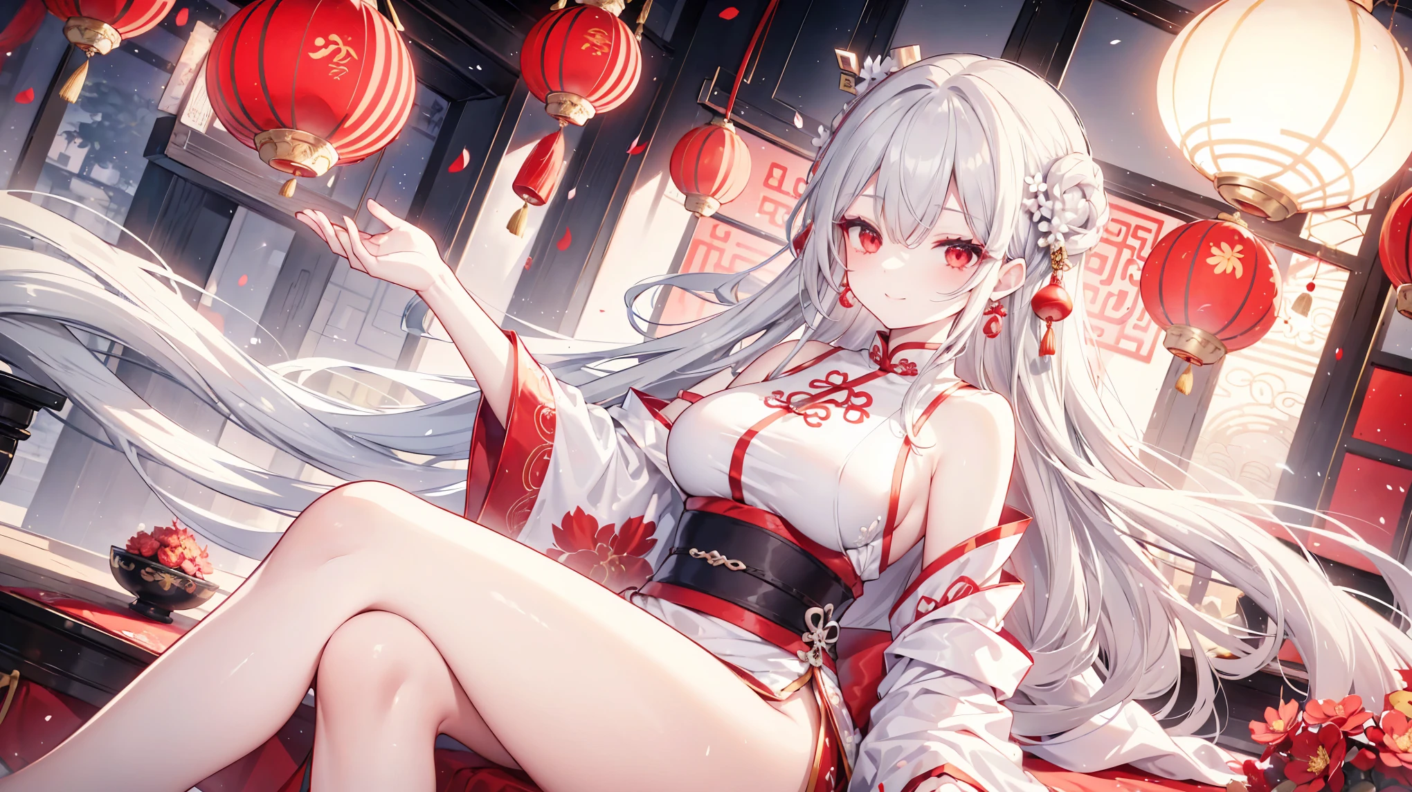 Grey Hair、 gray long hair 、pattsun maegami、 princess cut、 Golden Chinese Style Hair 、 Red Earrings 、 red eyes、Slanted Eyes、smile、Big Breasts、Red Hanfu、Hanfu Fairy 、 Red Floral Embellished Skirt、Thighs、sit、China Town