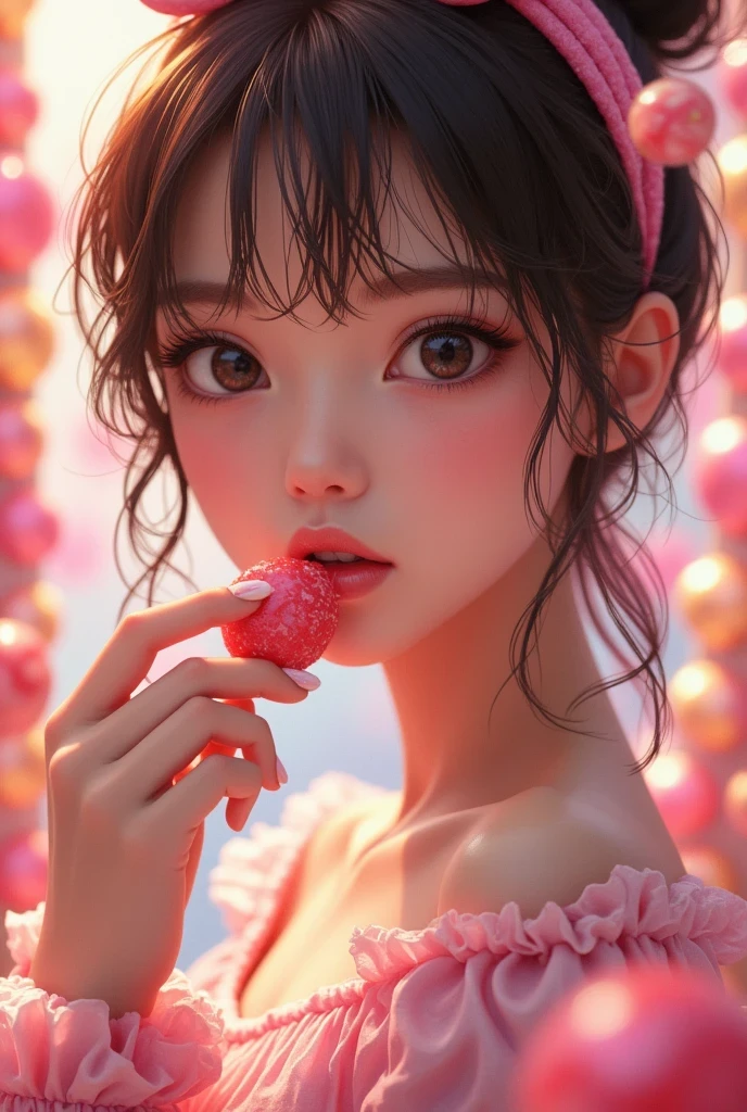 a beautiful anime girl, extremely detailed eyes and face, long eyelashes, beautiful detailed lips, holding candy, surrounded by sweets, chocolates, candies, colorful candy background, pastel colors, soft lighting, warm colors, hyper detailed, 8k, high resolution, masterpiece, photorealistic